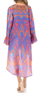 Rema Boho Shift Tunic High-Low V-Neck Long Sleeve Dress with Print