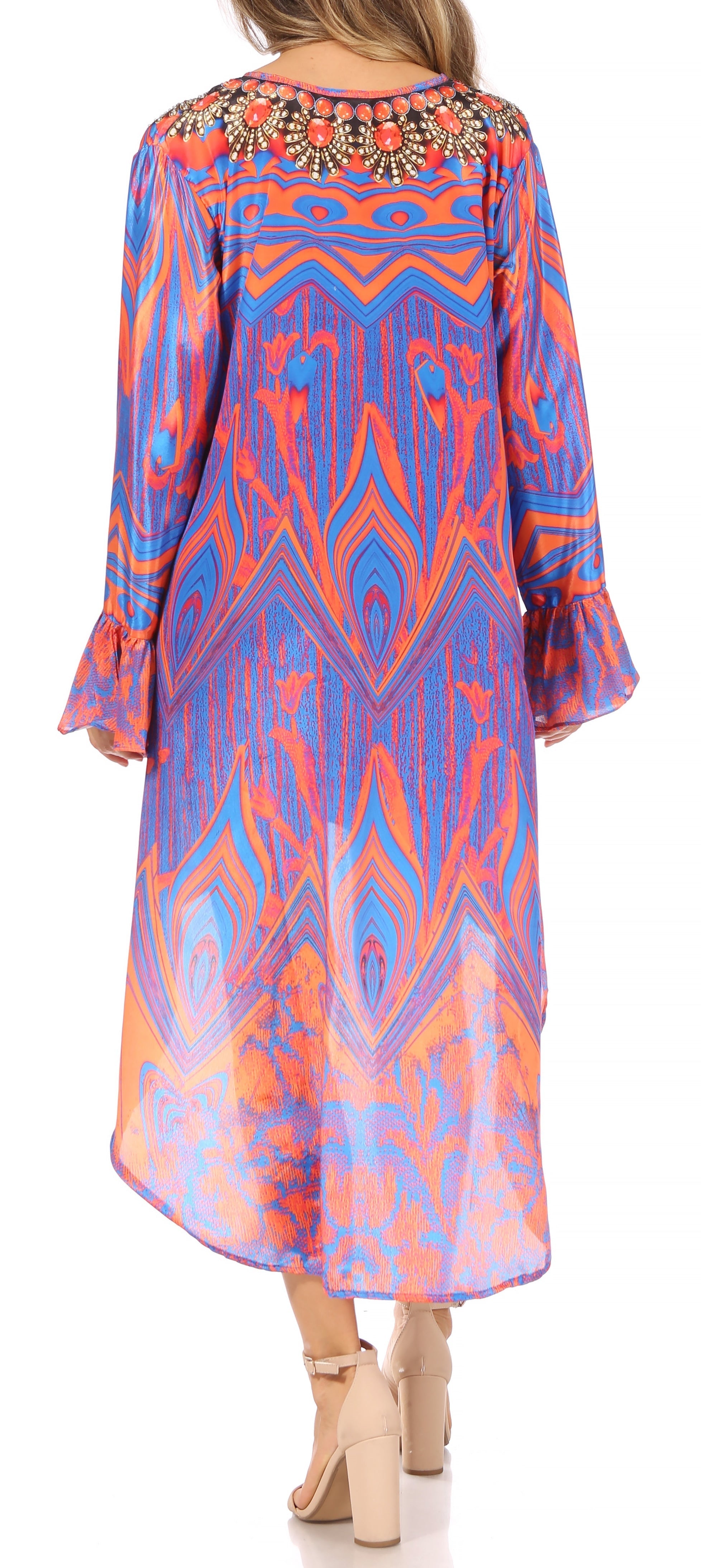 Rema Boho Shift Tunic High-Low V-Neck Long Sleeve Dress with Print