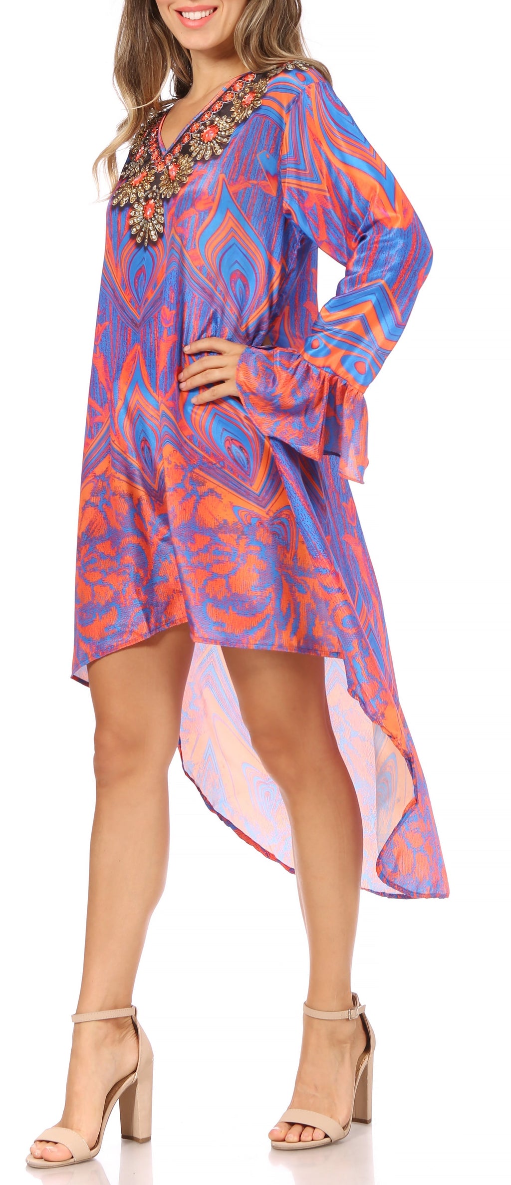 Rema Boho Shift Tunic High-Low V-Neck Long Sleeve Dress with Print