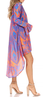 Rema Boho Shift Tunic High-Low V-Neck Long Sleeve Dress with Print