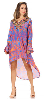 Rema Boho Shift Tunic High-Low V-Neck Long Sleeve Dress with Print