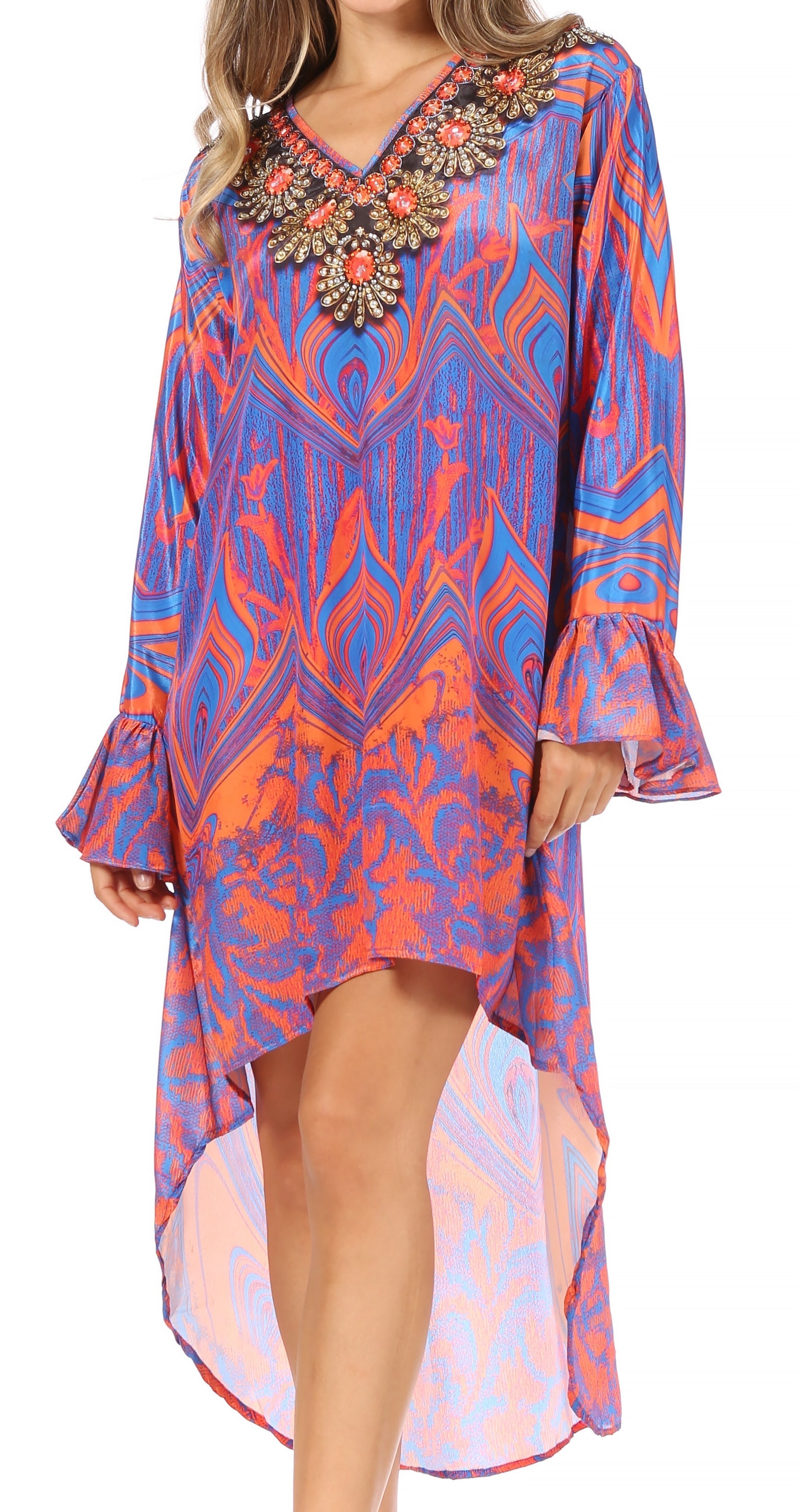Rema Boho Shift Tunic High-Low V-Neck Long Sleeve Dress with Print