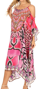 Amaya Loose Fit Long Printed Strappy Cutout Shoulder Boat Neck Kaftan Dress