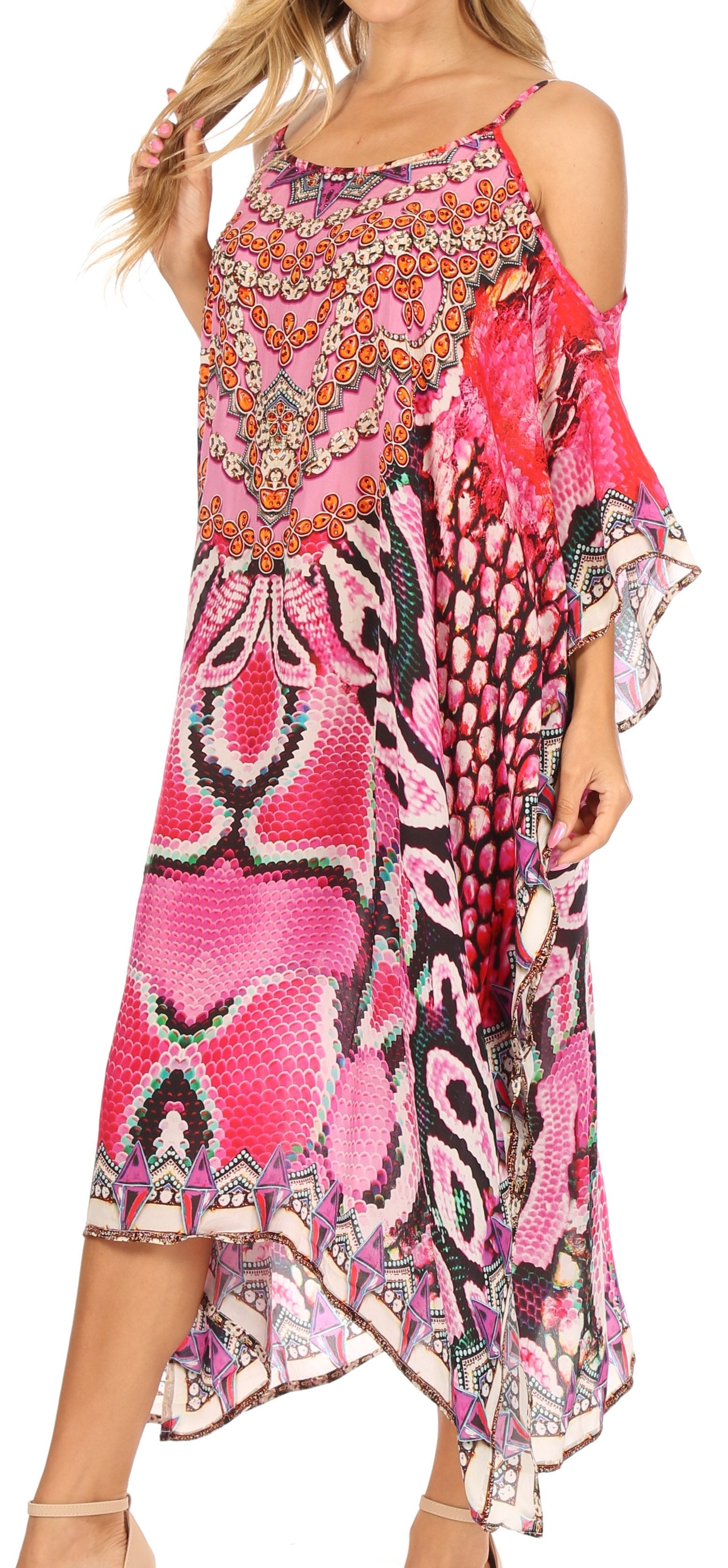 Amaya Loose Fit Long Printed Strappy Cutout Shoulder Boat Neck Kaftan Dress