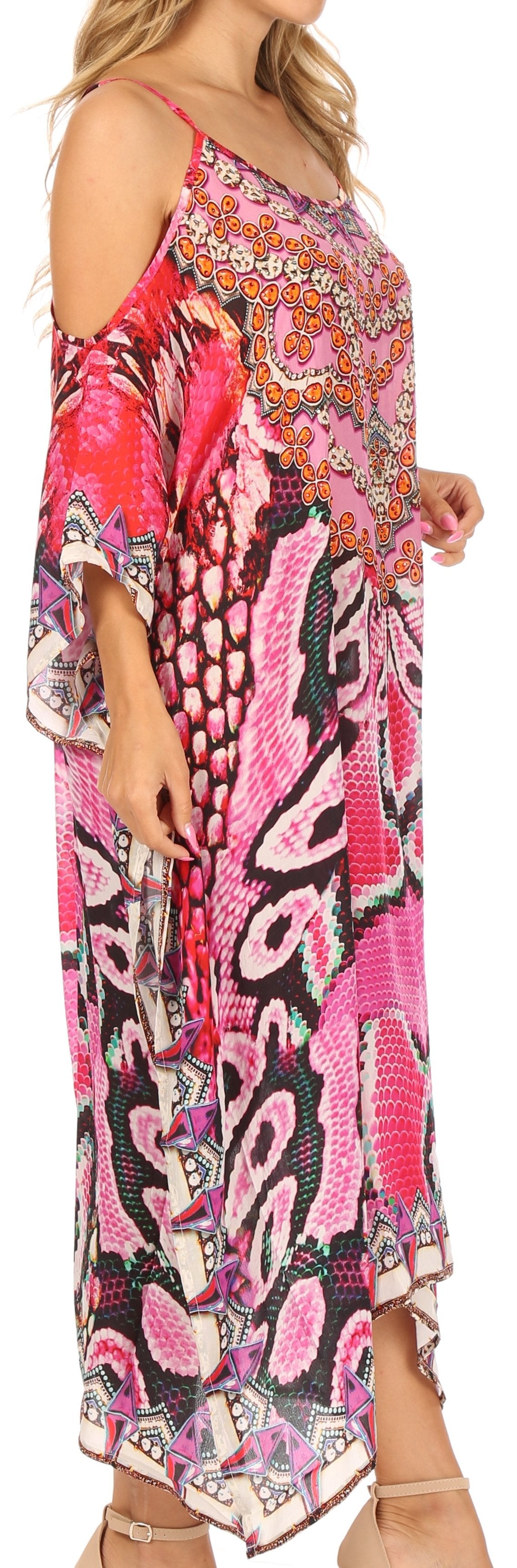 Amaya Loose Fit Long Printed Strappy Cutout Shoulder Boat Neck Kaftan Dress