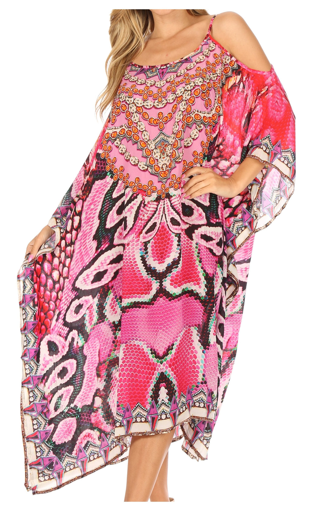 Amaya Loose Fit Long Printed Strappy Cutout Shoulder Boat Neck Kaftan Dress