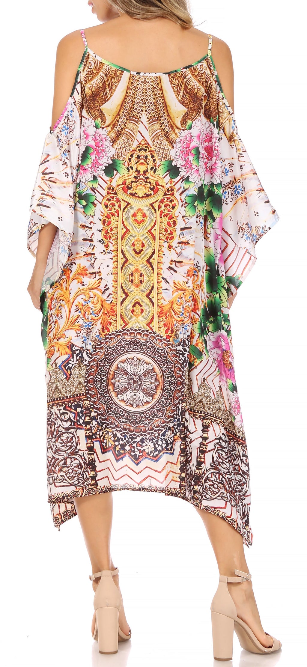 Amaya Loose Fit Long Printed Strappy Cutout Shoulder Boat Neck Kaftan Dress