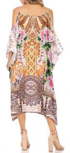 Amaya Loose Fit Long Printed Strappy Cutout Shoulder Boat Neck Kaftan Dress