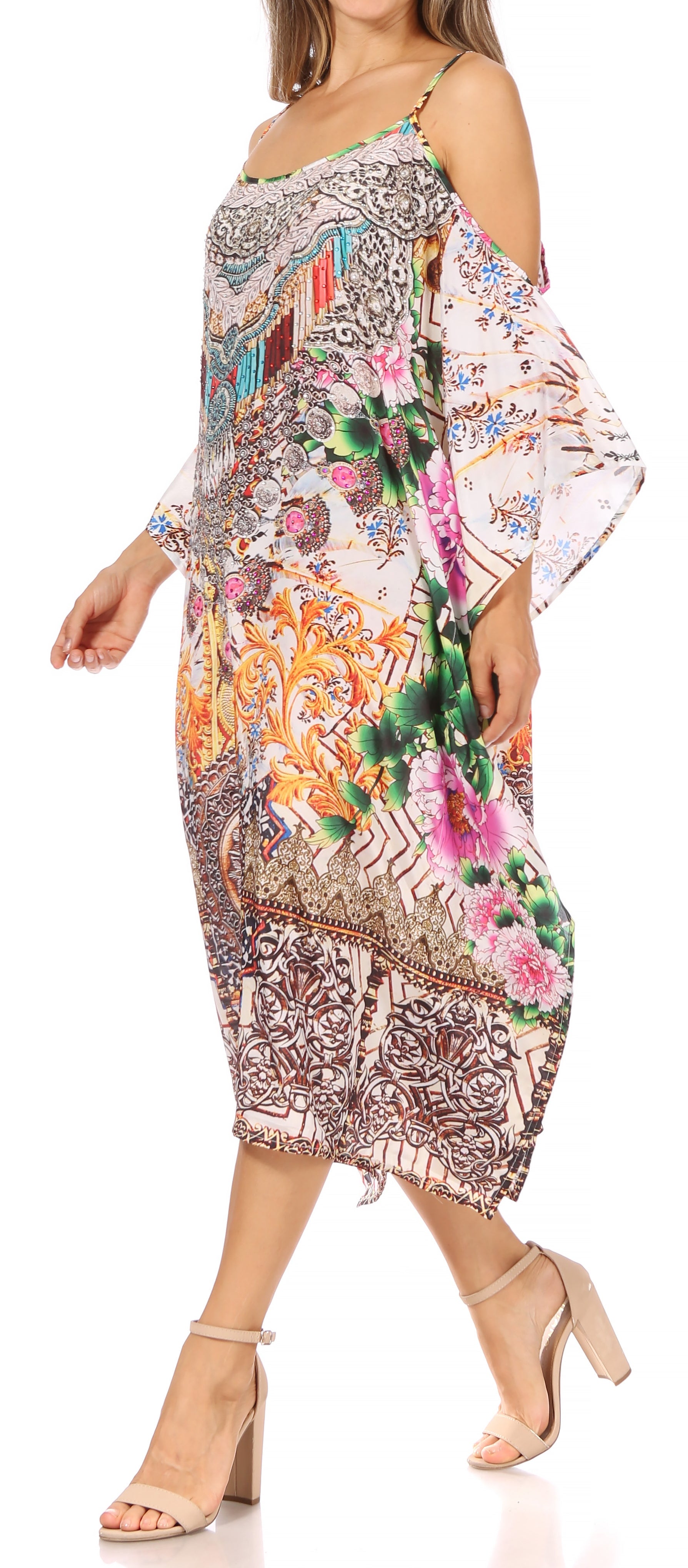 Amaya Loose Fit Long Printed Strappy Cutout Shoulder Boat Neck Kaftan Dress