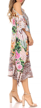 Amaya Loose Fit Long Printed Strappy Cutout Shoulder Boat Neck Kaftan Dress