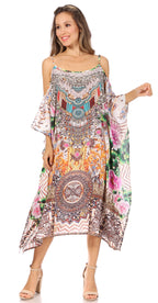 Amaya Loose Fit Long Printed Strappy Cutout Shoulder Boat Neck Kaftan Dress