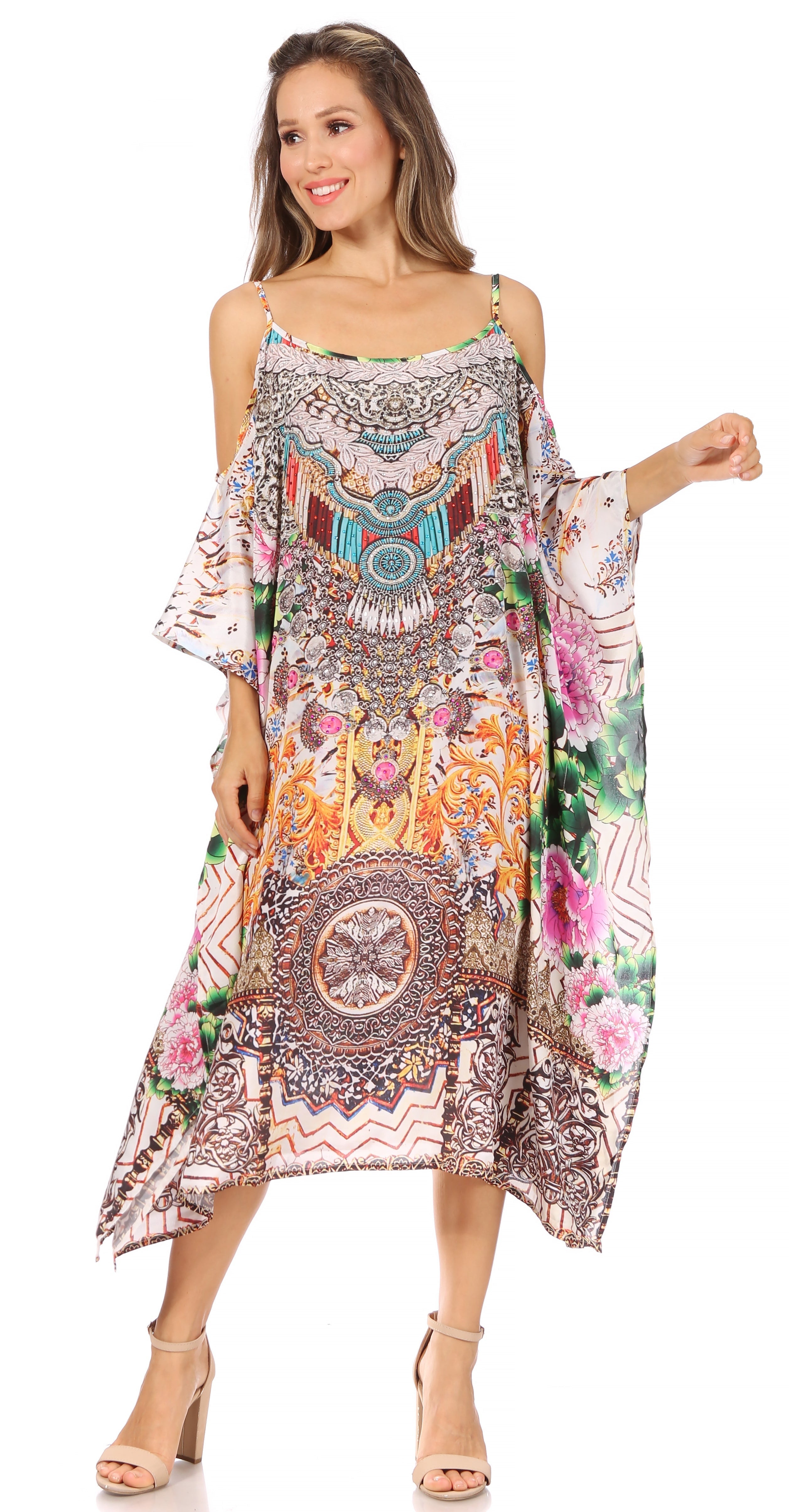 Amaya Loose Fit Long Printed Strappy Cutout Shoulder Boat Neck Kaftan Dress