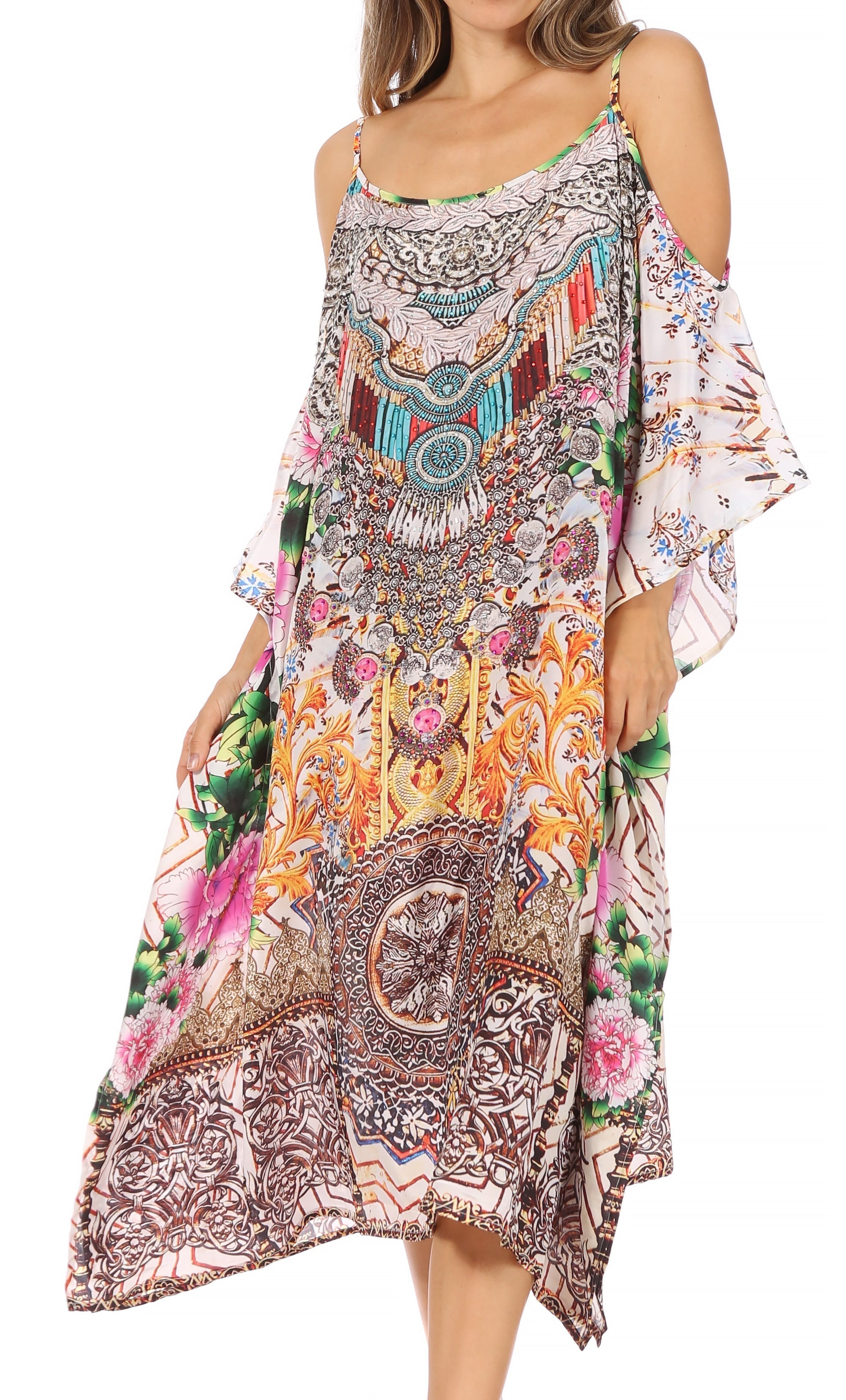 Amaya Loose Fit Long Printed Strappy Cutout Shoulder Boat Neck Kaftan Dress