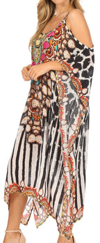 Amaya Loose Fit Long Printed Strappy Cutout Shoulder Boat Neck Kaftan Dress