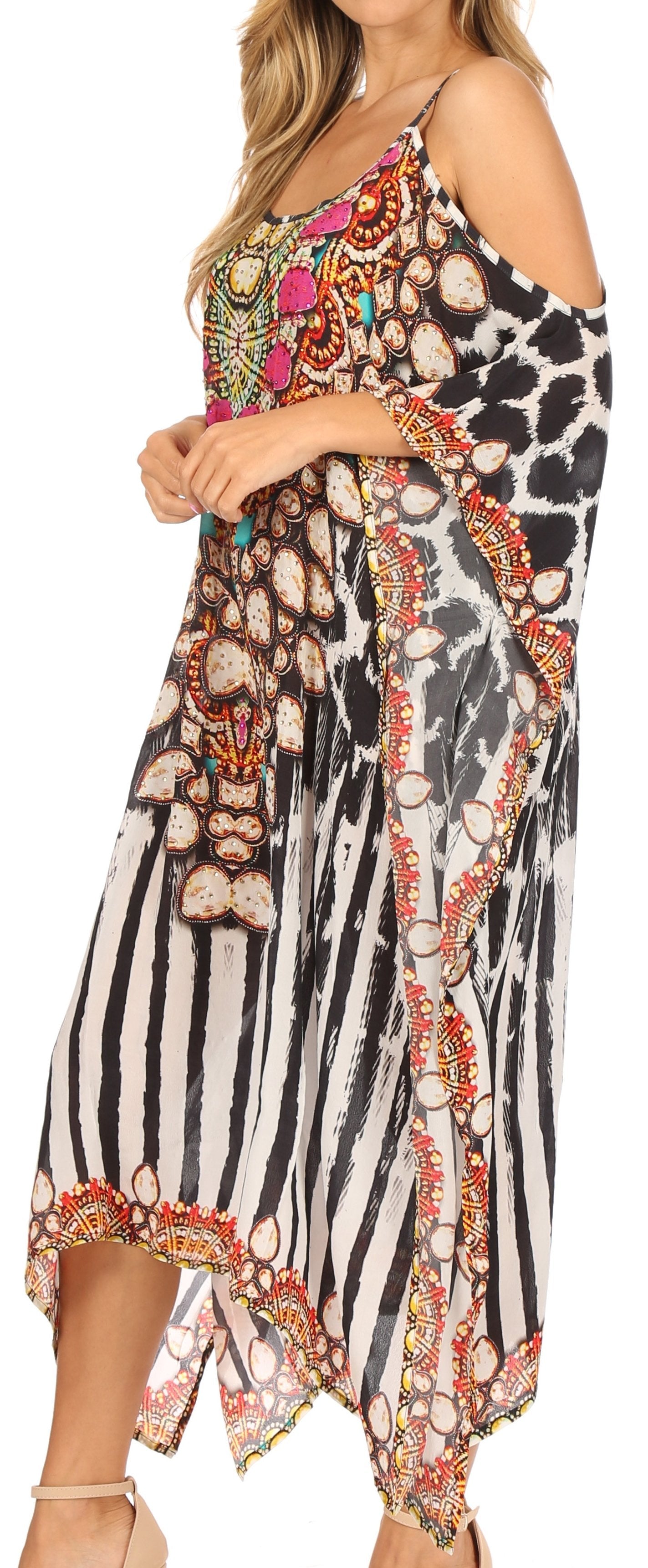 Amaya Loose Fit Long Printed Strappy Cutout Shoulder Boat Neck Kaftan Dress