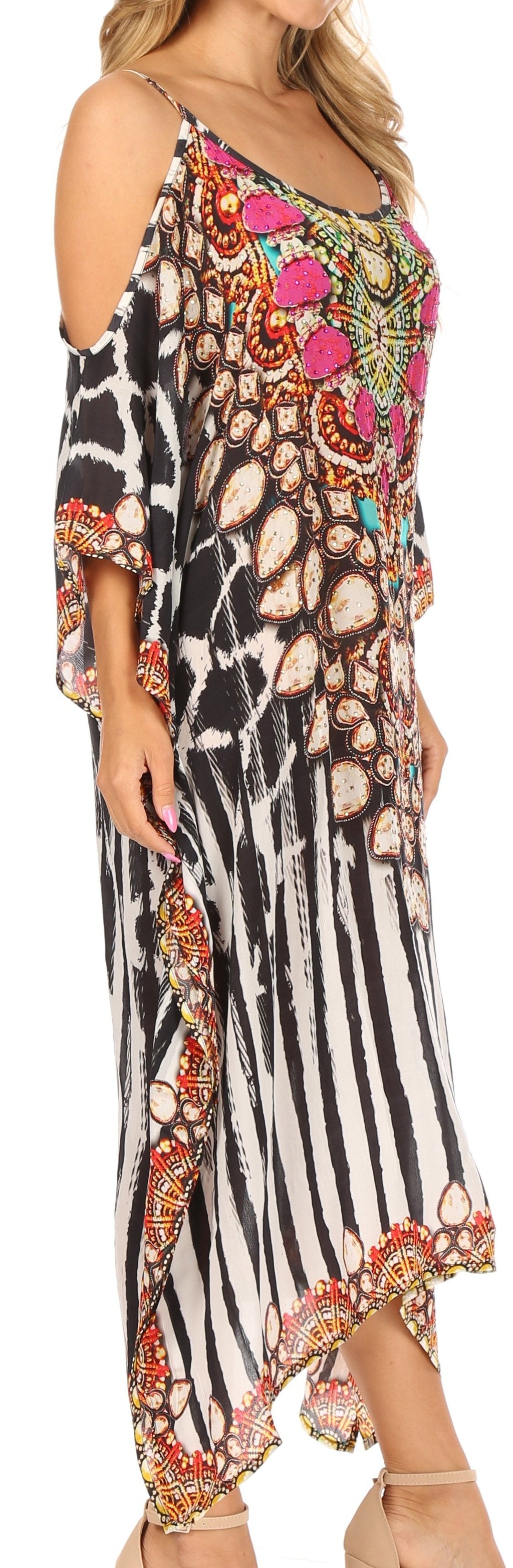 Amaya Loose Fit Long Printed Strappy Cutout Shoulder Boat Neck Kaftan Dress
