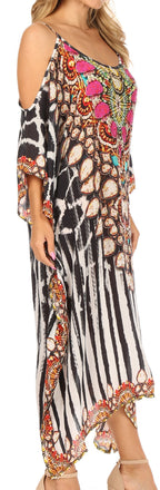 Amaya Loose Fit Long Printed Strappy Cutout Shoulder Boat Neck Kaftan Dress