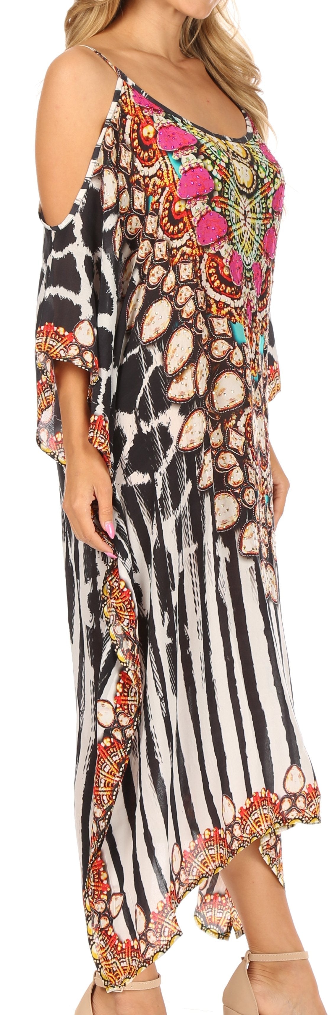 Amaya Loose Fit Long Printed Strappy Cutout Shoulder Boat Neck Kaftan Dress