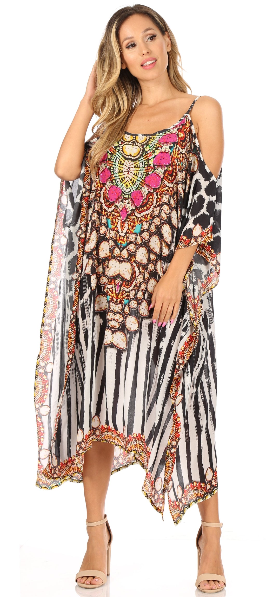 Amaya Loose Fit Long Printed Strappy Cutout Shoulder Boat Neck Kaftan Dress