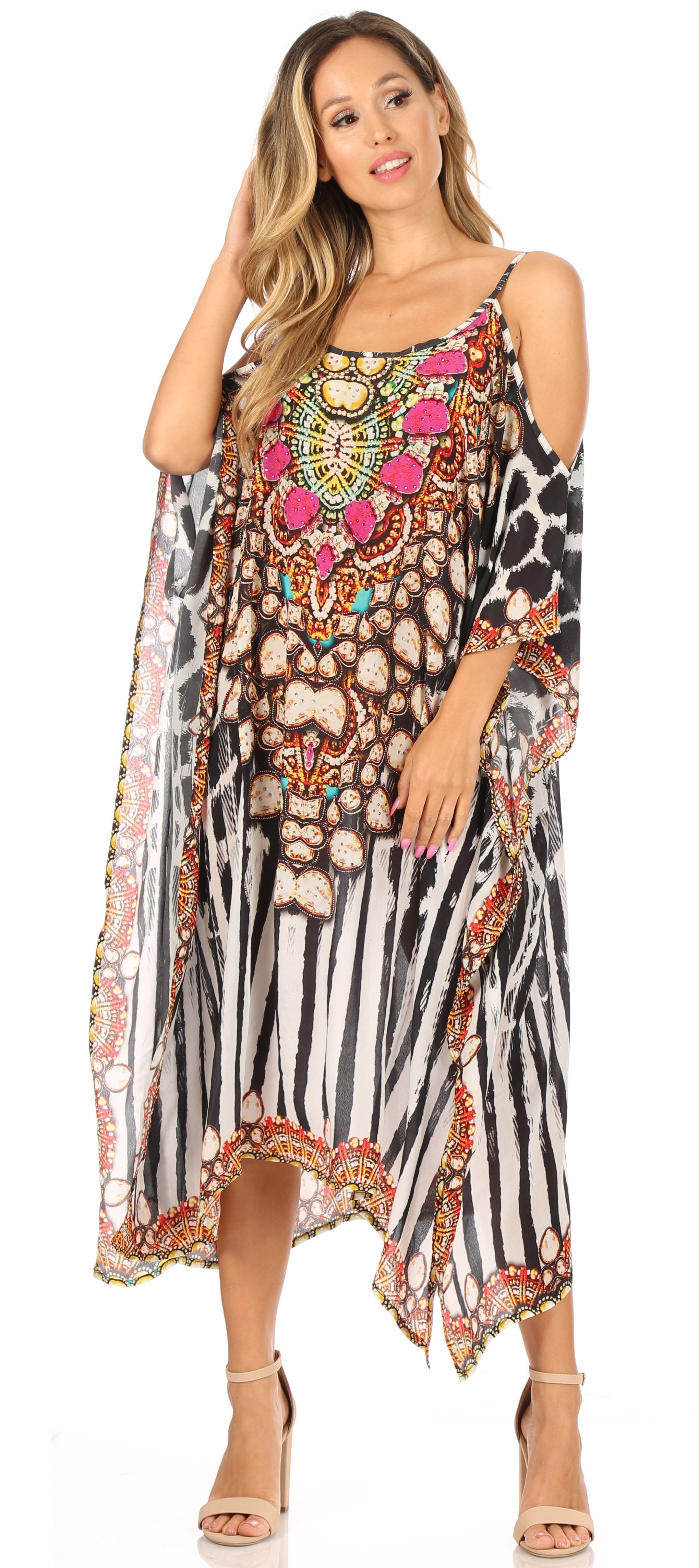 Amaya Loose Fit Long Printed Strappy Cutout Shoulder Boat Neck Kaftan Dress