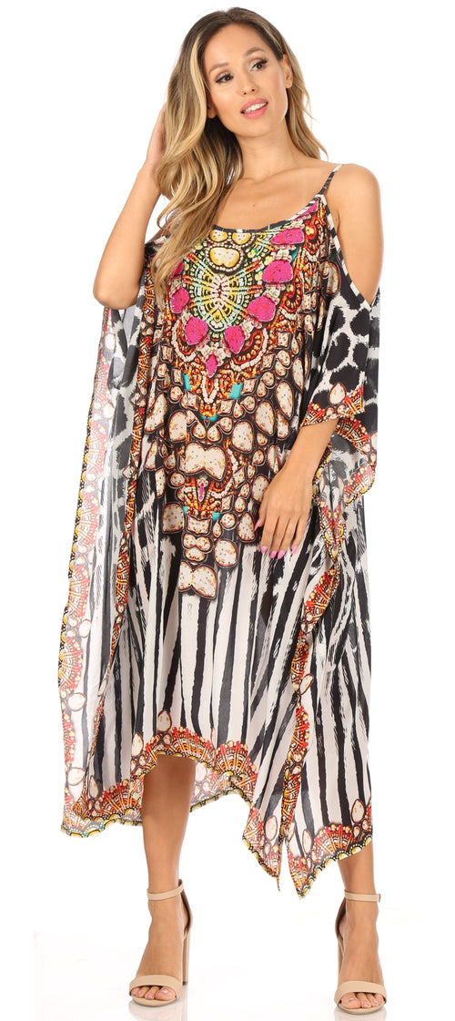 Amaya Loose Fit Long Printed Strappy Cutout Shoulder Boat Neck Kaftan Dress