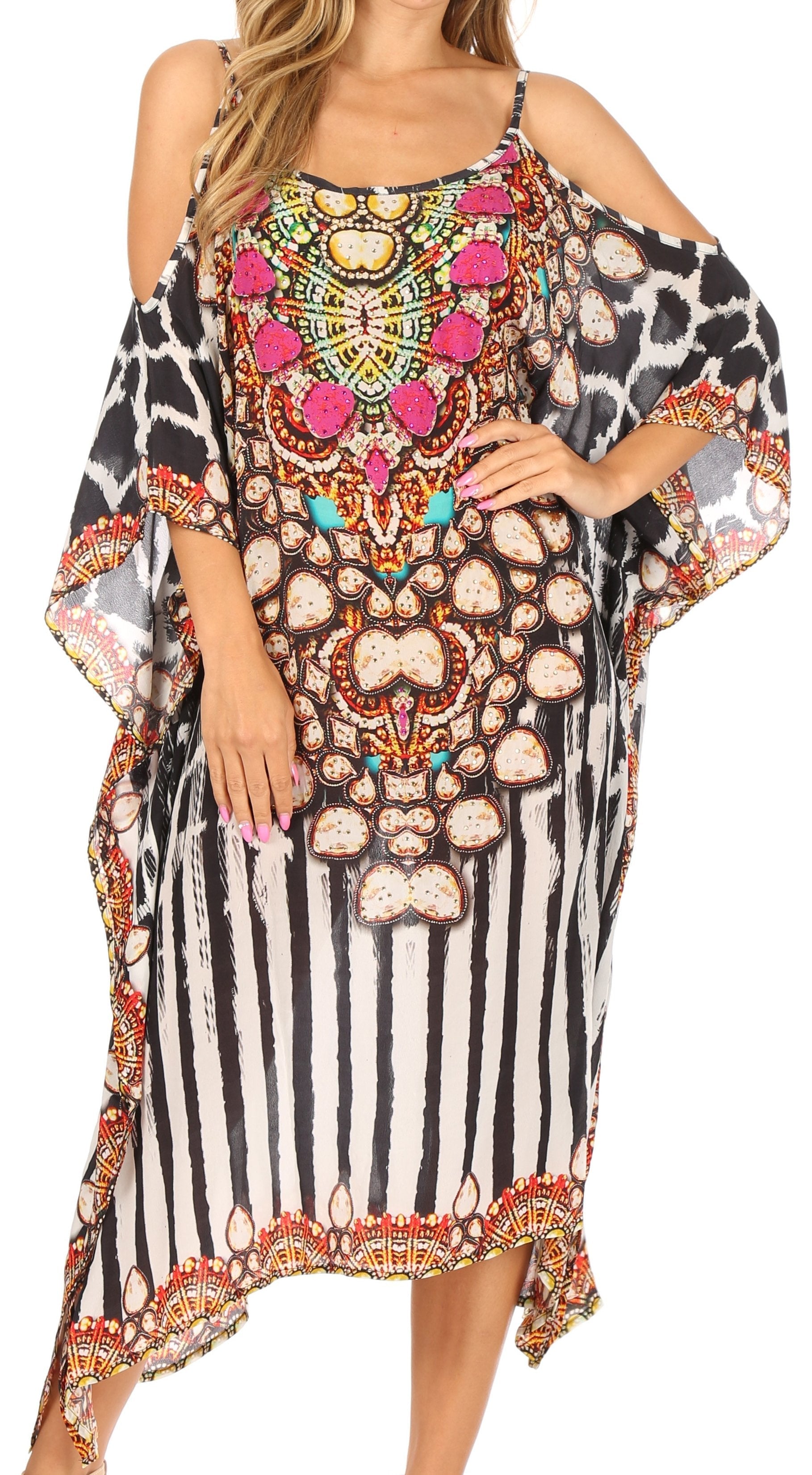 Amaya Loose Fit Long Printed Strappy Cutout Shoulder Boat Neck Kaftan Dress