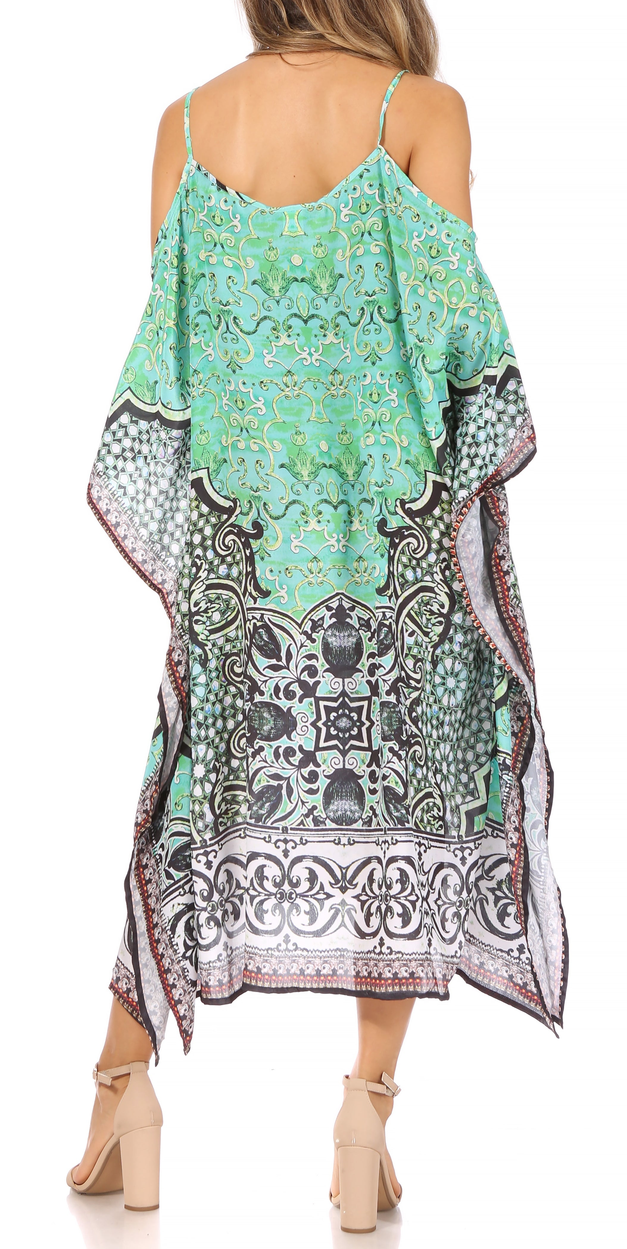 Amaya Loose Fit Long Printed Strappy Cutout Shoulder Boat Neck Kaftan Dress