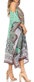 Amaya Loose Fit Long Printed Strappy Cutout Shoulder Boat Neck Kaftan Dress
