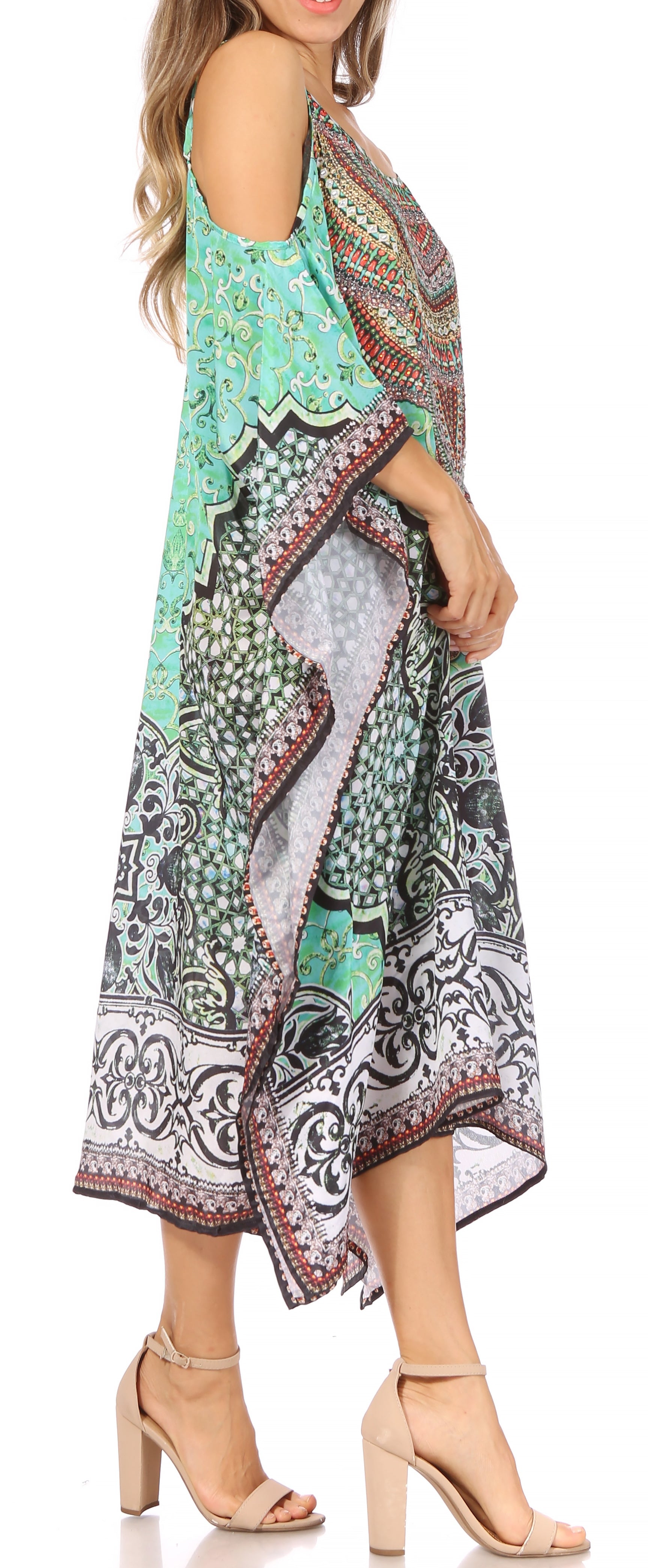 Amaya Loose Fit Long Printed Strappy Cutout Shoulder Boat Neck Kaftan Dress