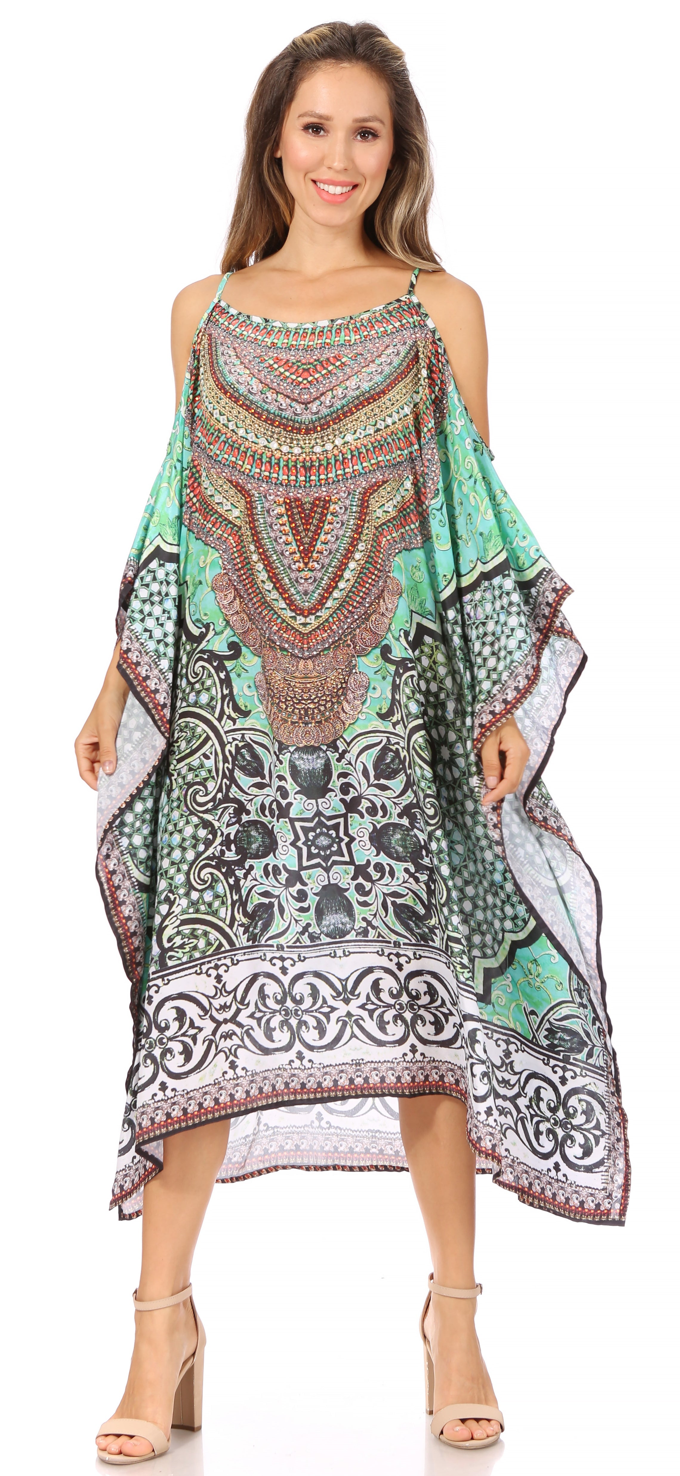 Amaya Loose Fit Long Printed Strappy Cutout Shoulder Boat Neck Kaftan Dress