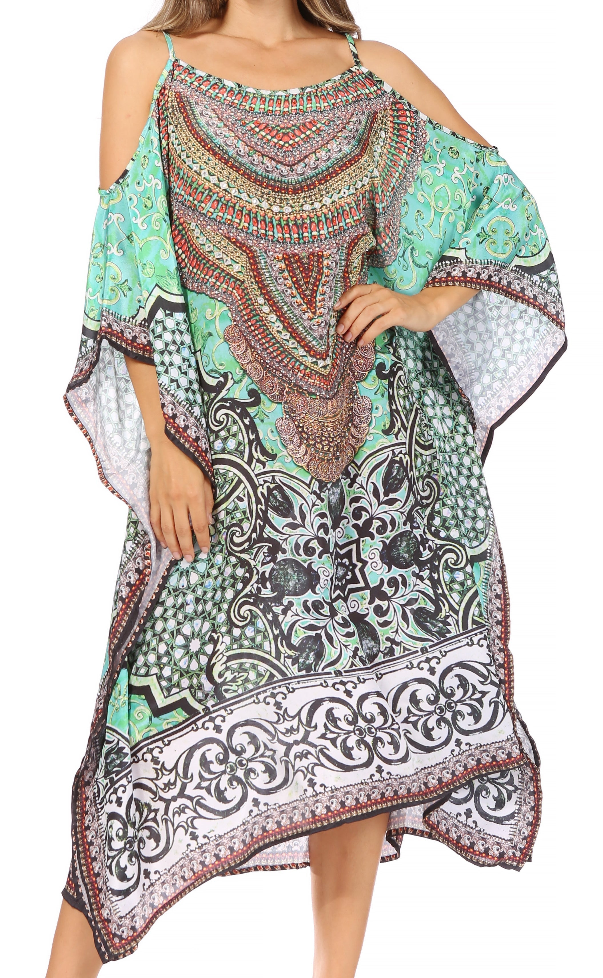 Amaya Loose Fit Long Printed Strappy Cutout Shoulder Boat Neck Kaftan Dress
