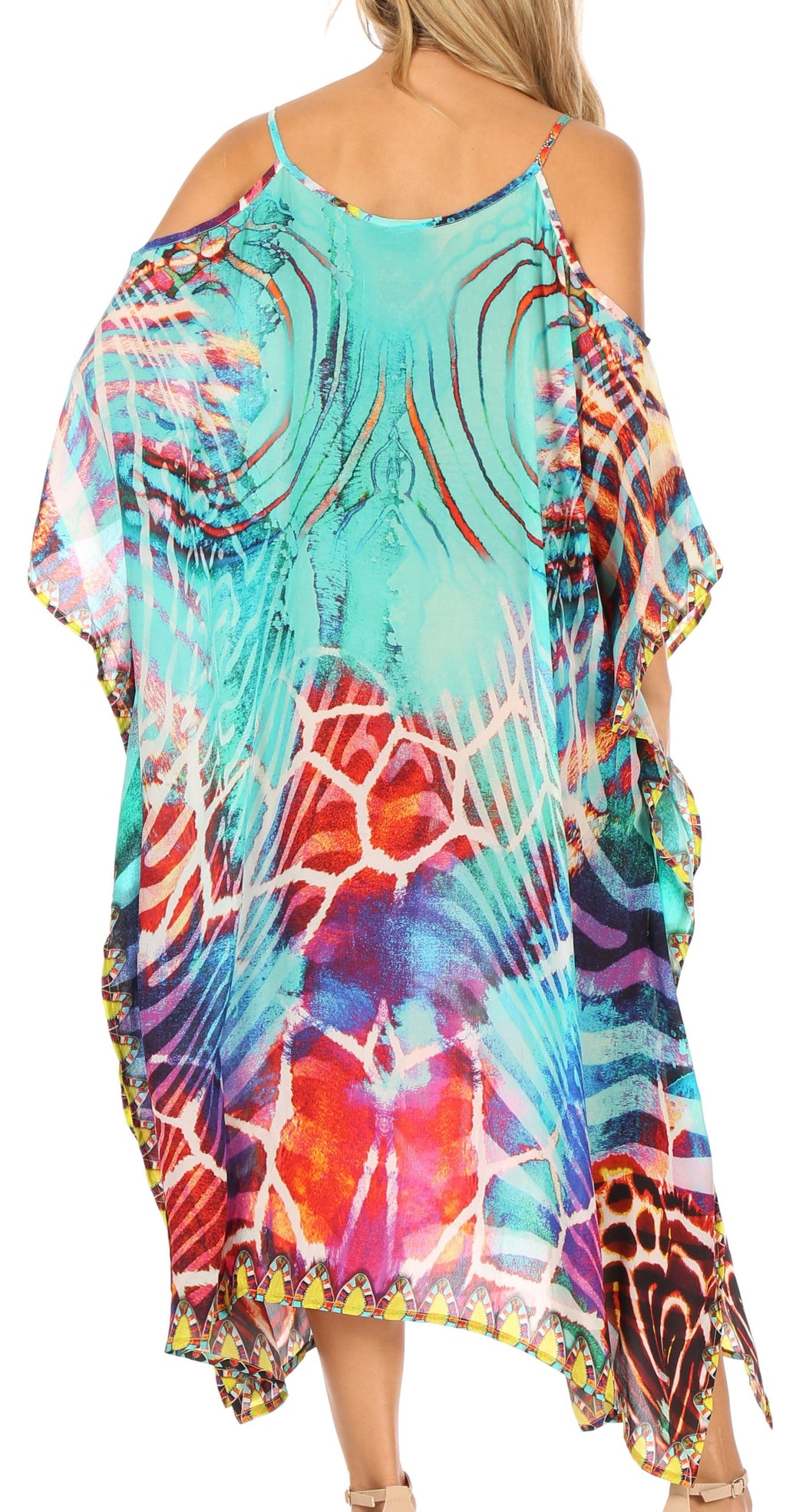 Amaya Loose Fit Long Printed Strappy Cutout Shoulder Boat Neck Kaftan Dress