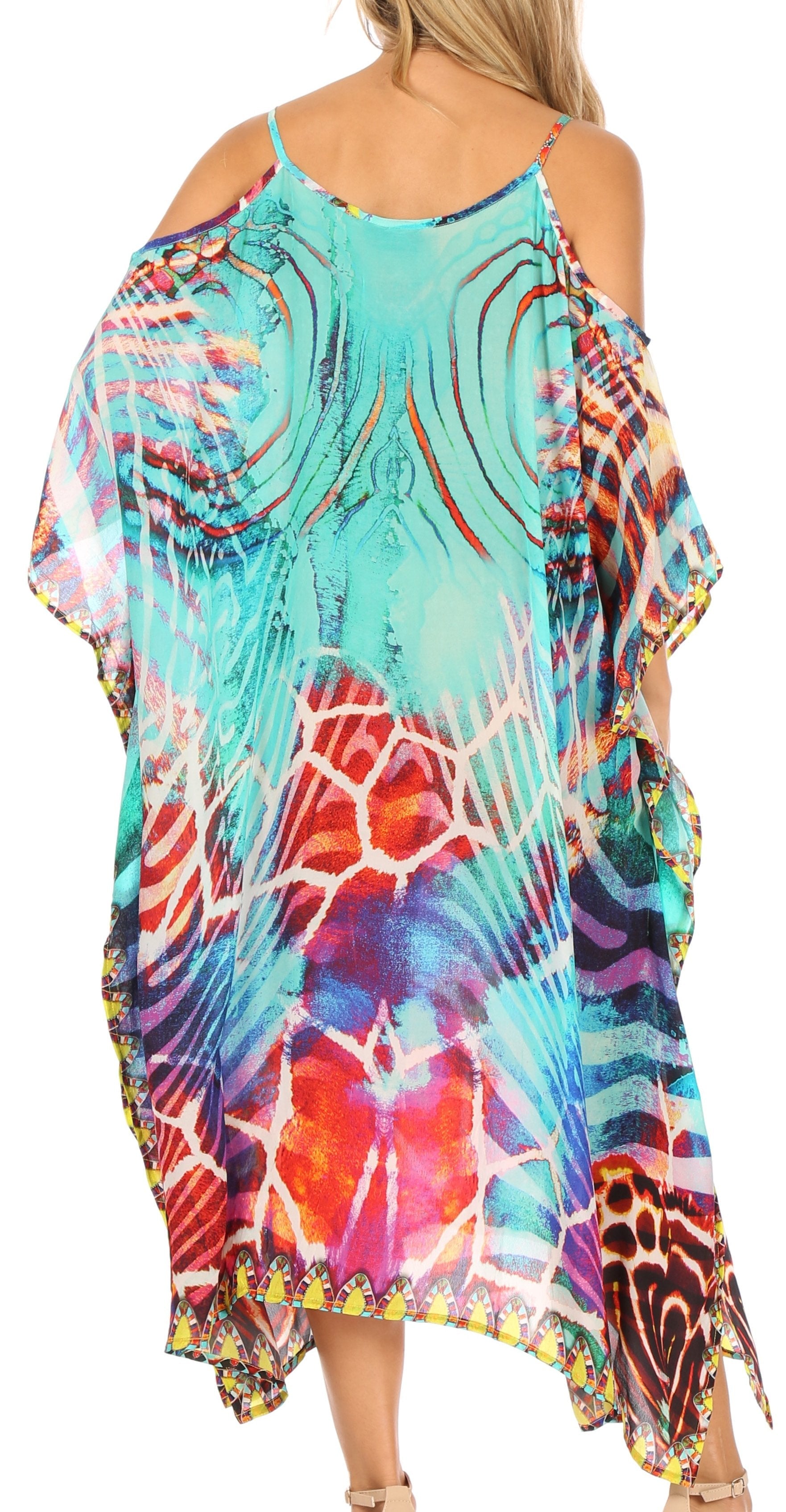 Amaya Loose Fit Long Printed Strappy Cutout Shoulder Boat Neck Kaftan Dress