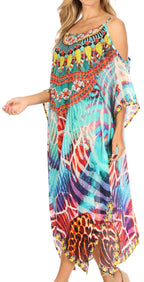 Amaya Loose Fit Long Printed Strappy Cutout Shoulder Boat Neck Kaftan Dress