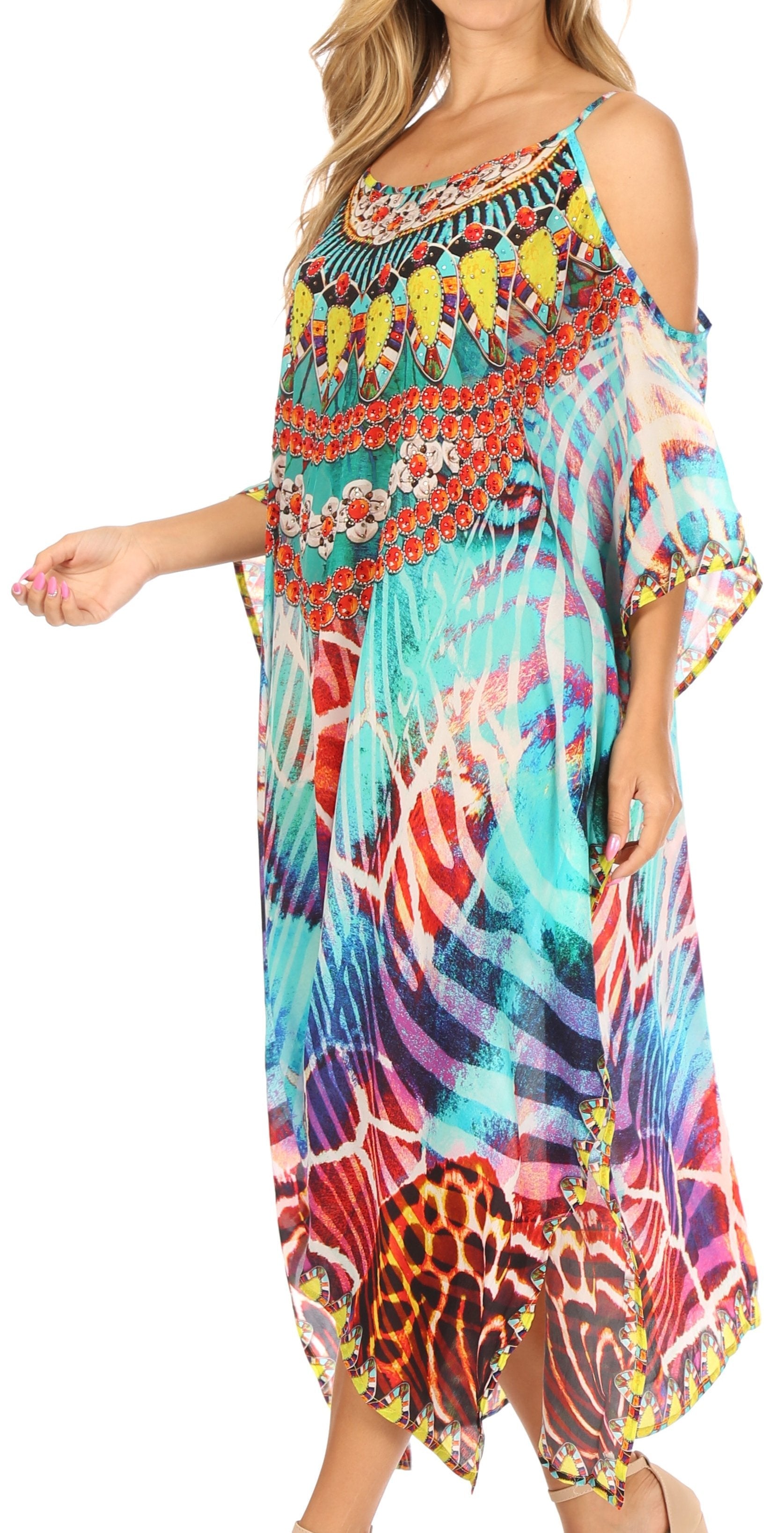 Amaya Loose Fit Long Printed Strappy Cutout Shoulder Boat Neck Kaftan Dress
