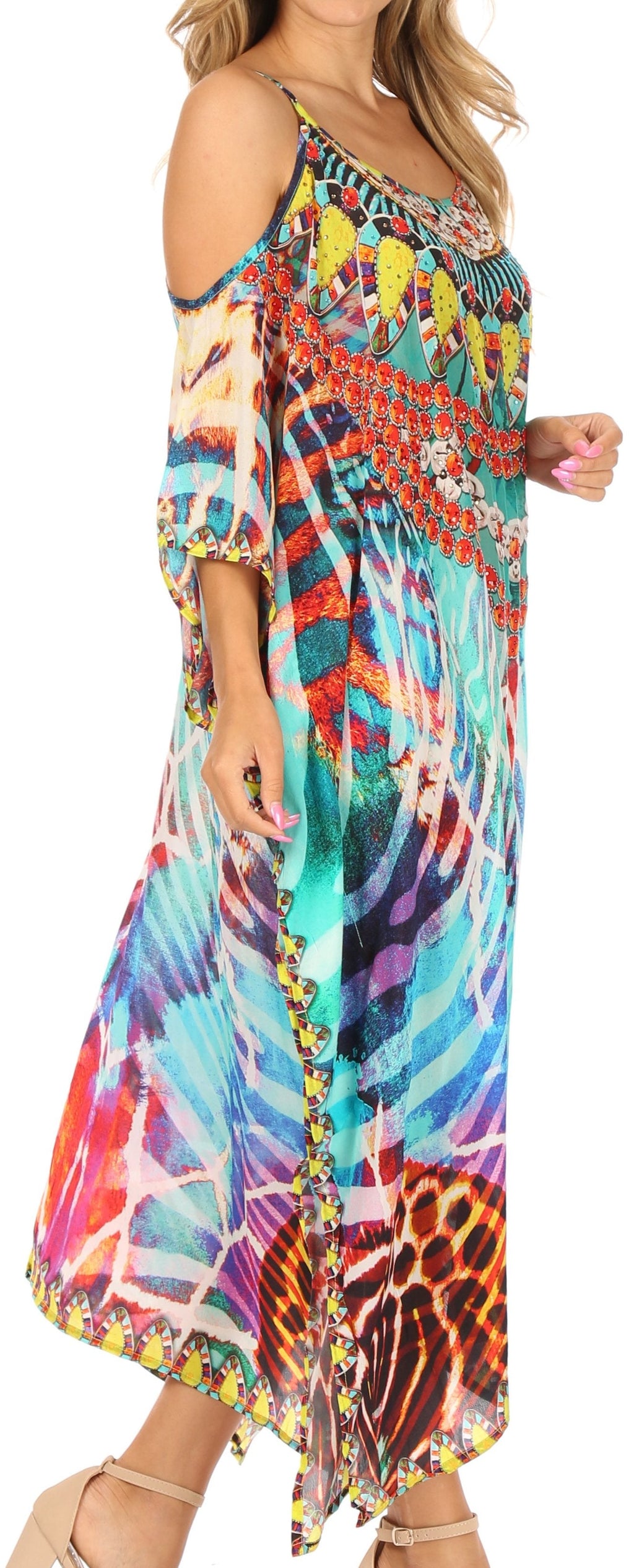 Amaya Loose Fit Long Printed Strappy Cutout Shoulder Boat Neck Kaftan Dress
