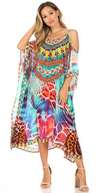 Amaya Loose Fit Long Printed Strappy Cutout Shoulder Boat Neck Kaftan Dress