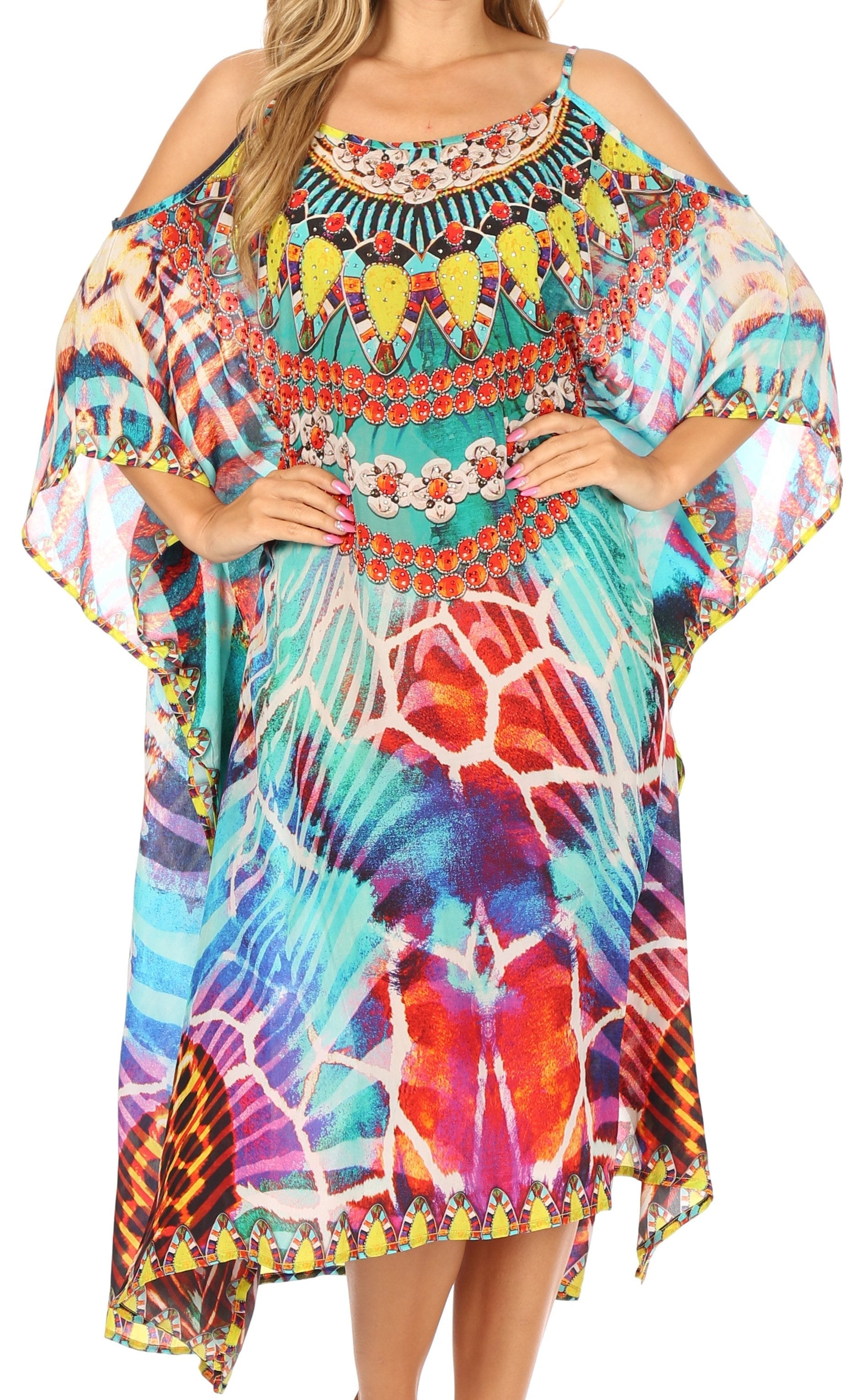 Amaya Loose Fit Long Printed Strappy Cutout Shoulder Boat Neck Kaftan Dress