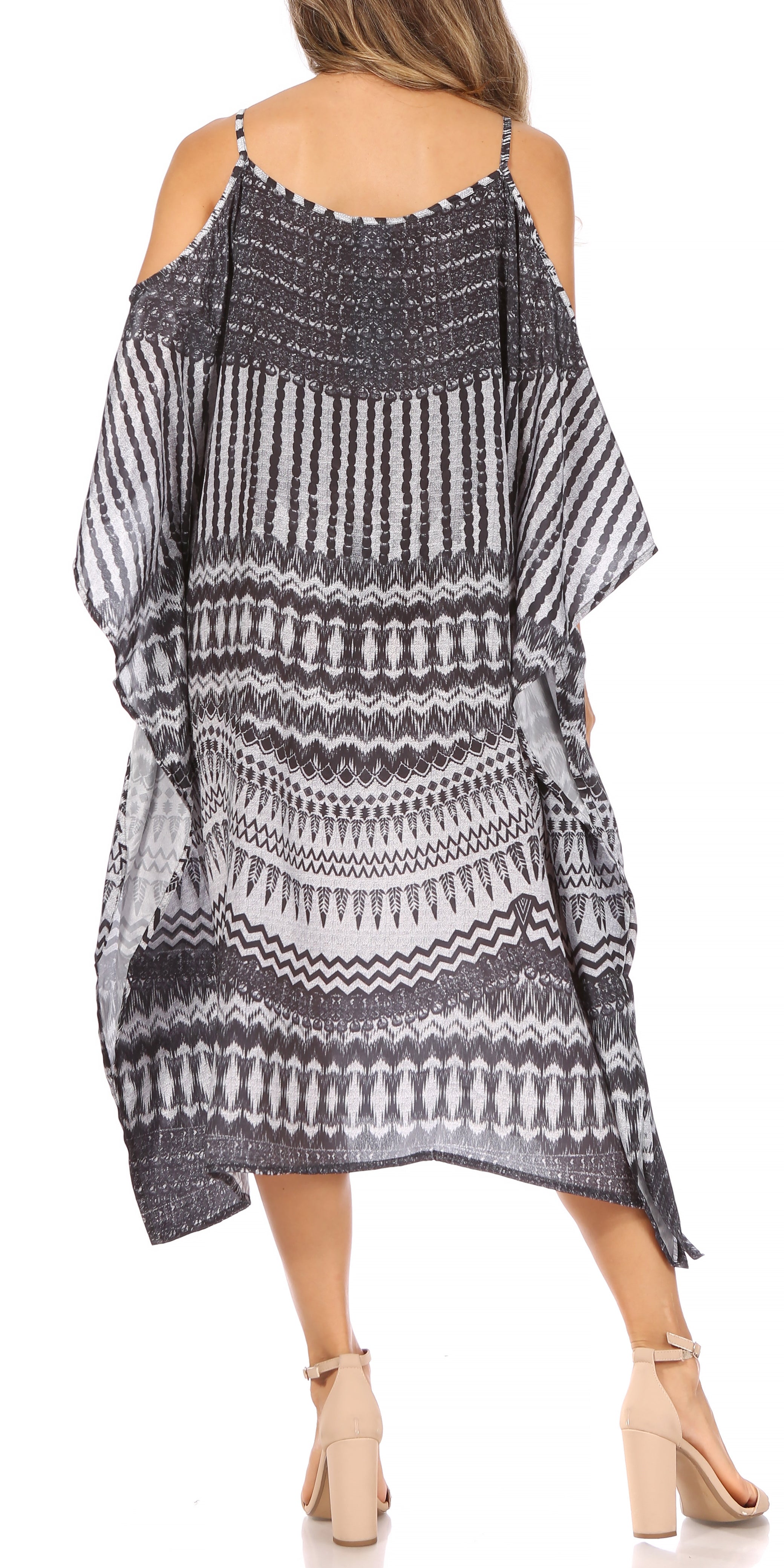 Amaya Loose Fit Long Printed Strappy Cutout Shoulder Boat Neck Kaftan Dress