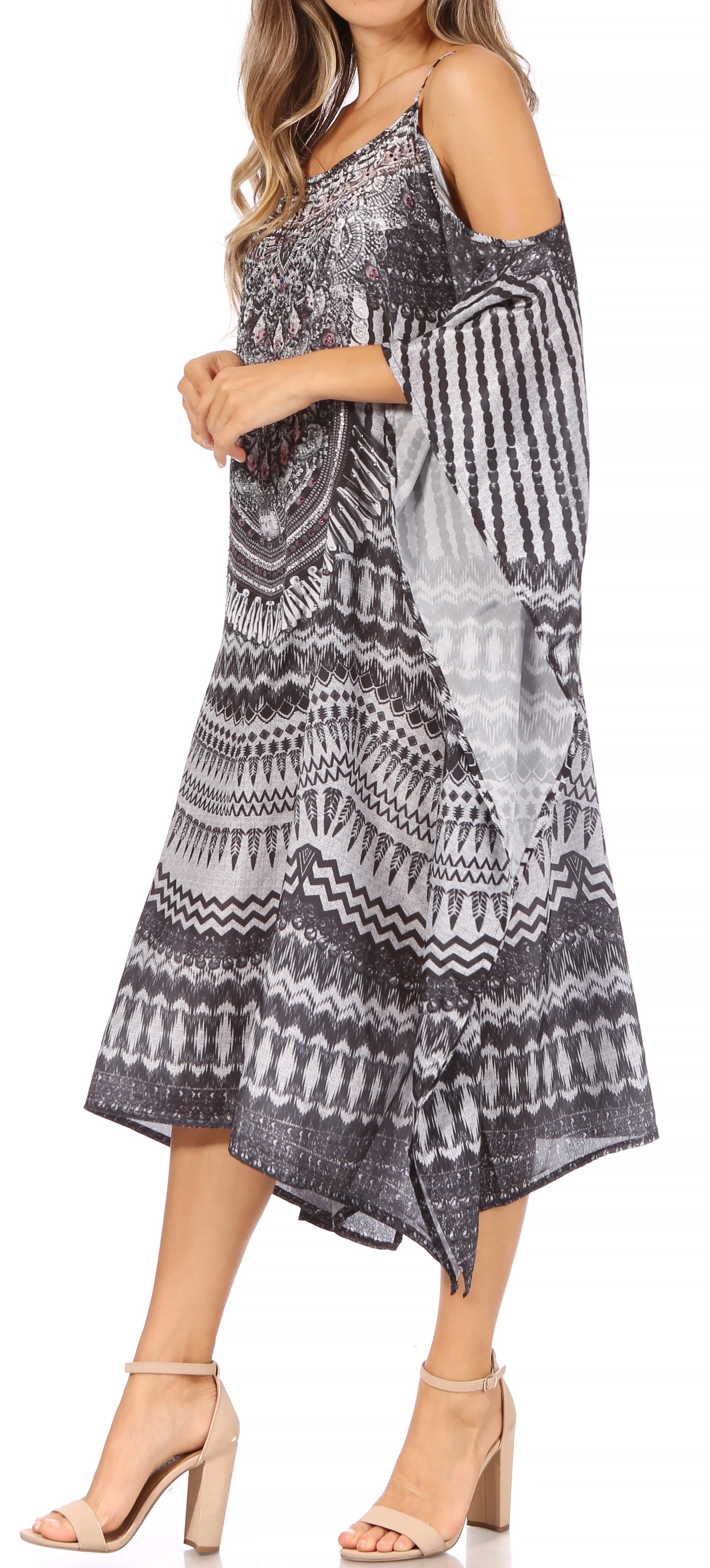Amaya Loose Fit Long Printed Strappy Cutout Shoulder Boat Neck Kaftan Dress