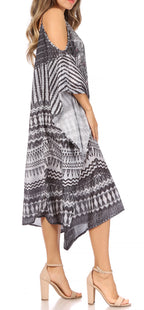 Amaya Loose Fit Long Printed Strappy Cutout Shoulder Boat Neck Kaftan Dress