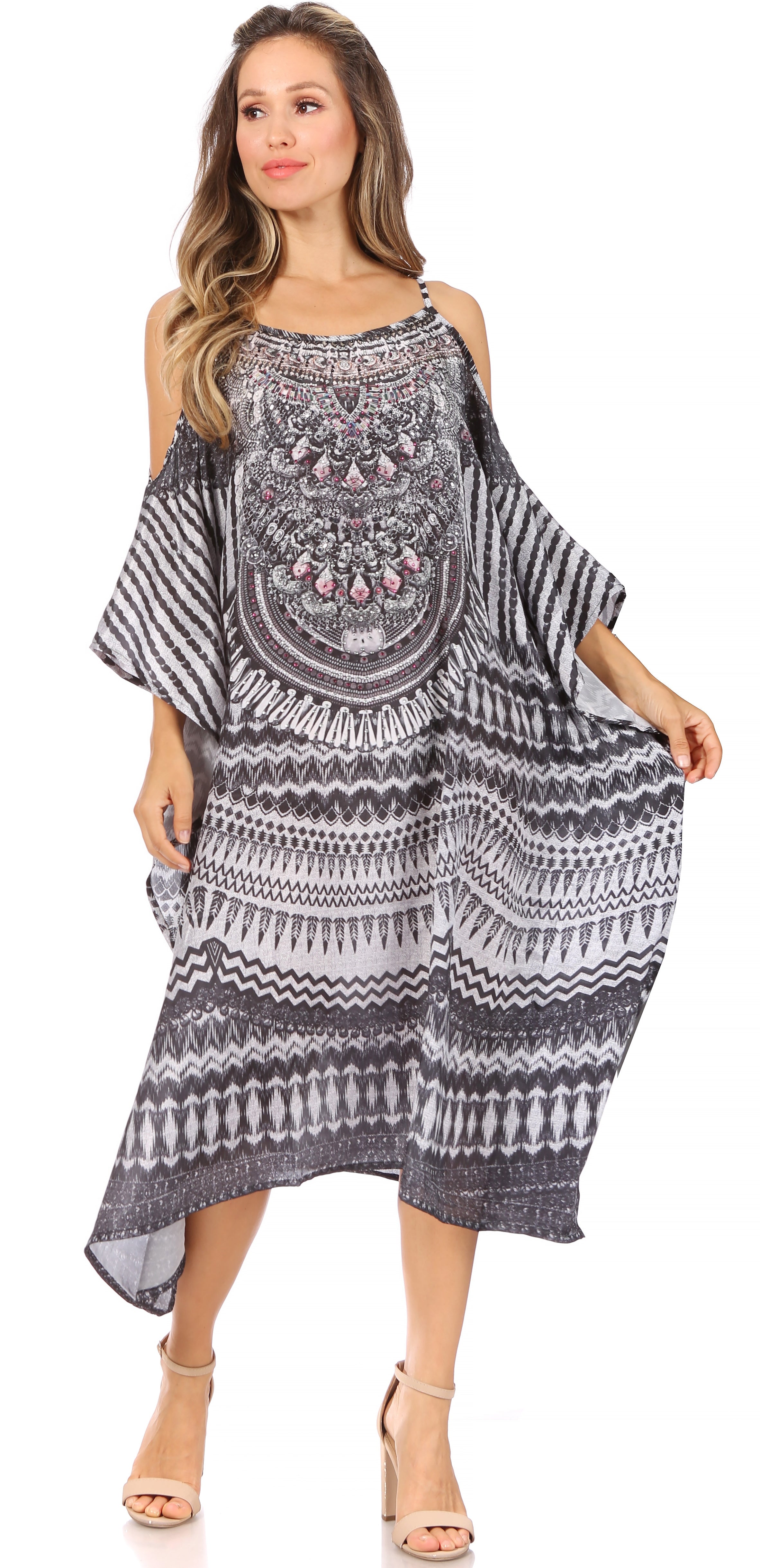 Amaya Loose Fit Long Printed Strappy Cutout Shoulder Boat Neck Kaftan Dress