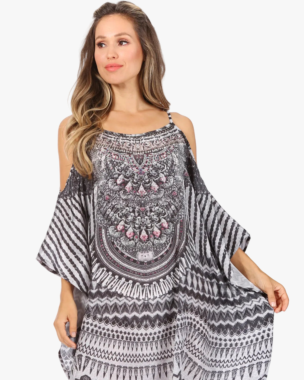 Amaya Loose Fit Long Printed Strappy Cutout Shoulder Boat Neck Kaftan Dress