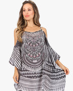 Amaya Loose Fit Long Printed Strappy Cutout Shoulder Boat Neck Kaftan Dress