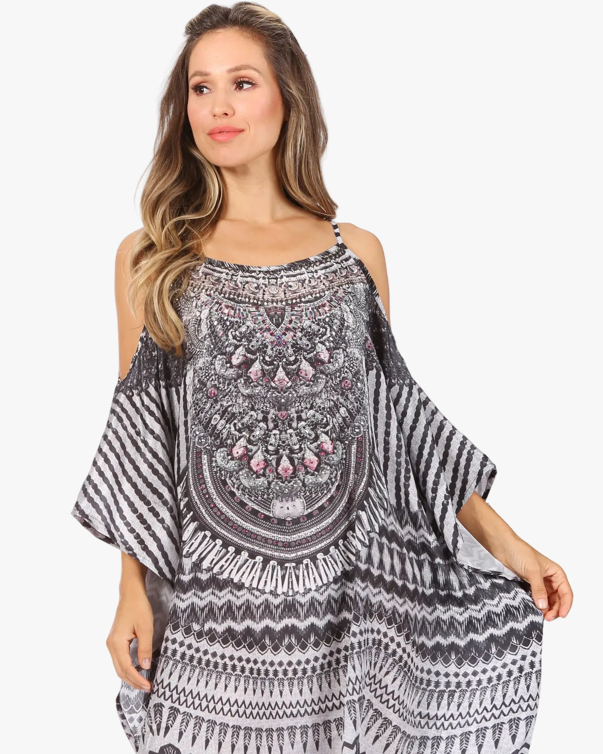 Amaya Loose Fit Long Printed Strappy Cutout Shoulder Boat Neck Kaftan Dress