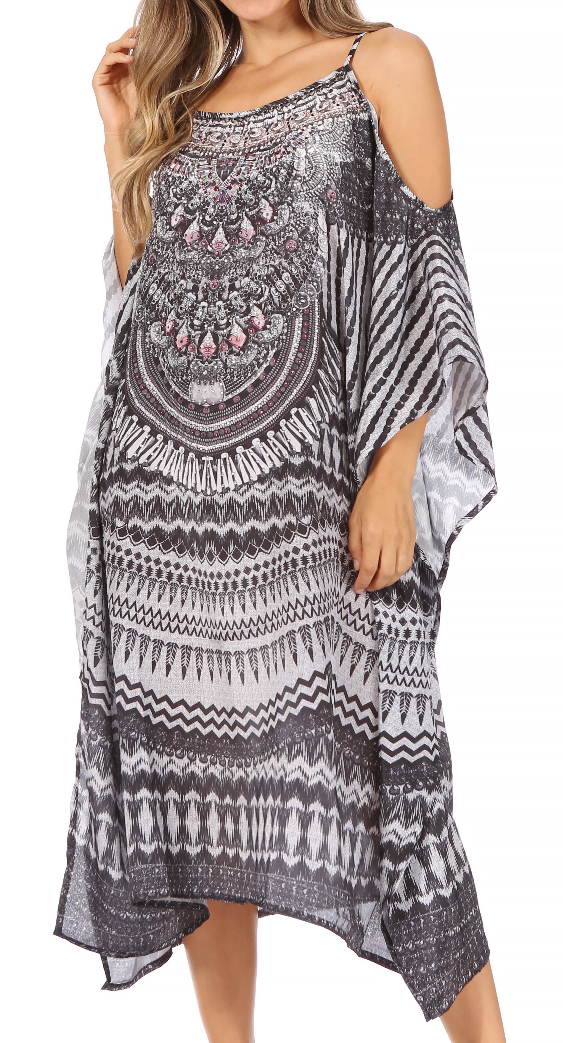 Amaya Loose Fit Long Printed Strappy Cutout Shoulder Boat Neck Kaftan Dress