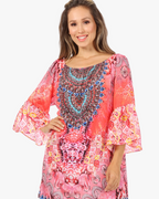 Sakkas Inna Colorful Shift Dress Tunic with Bell Ruffled Sleeves & Rhinestones
