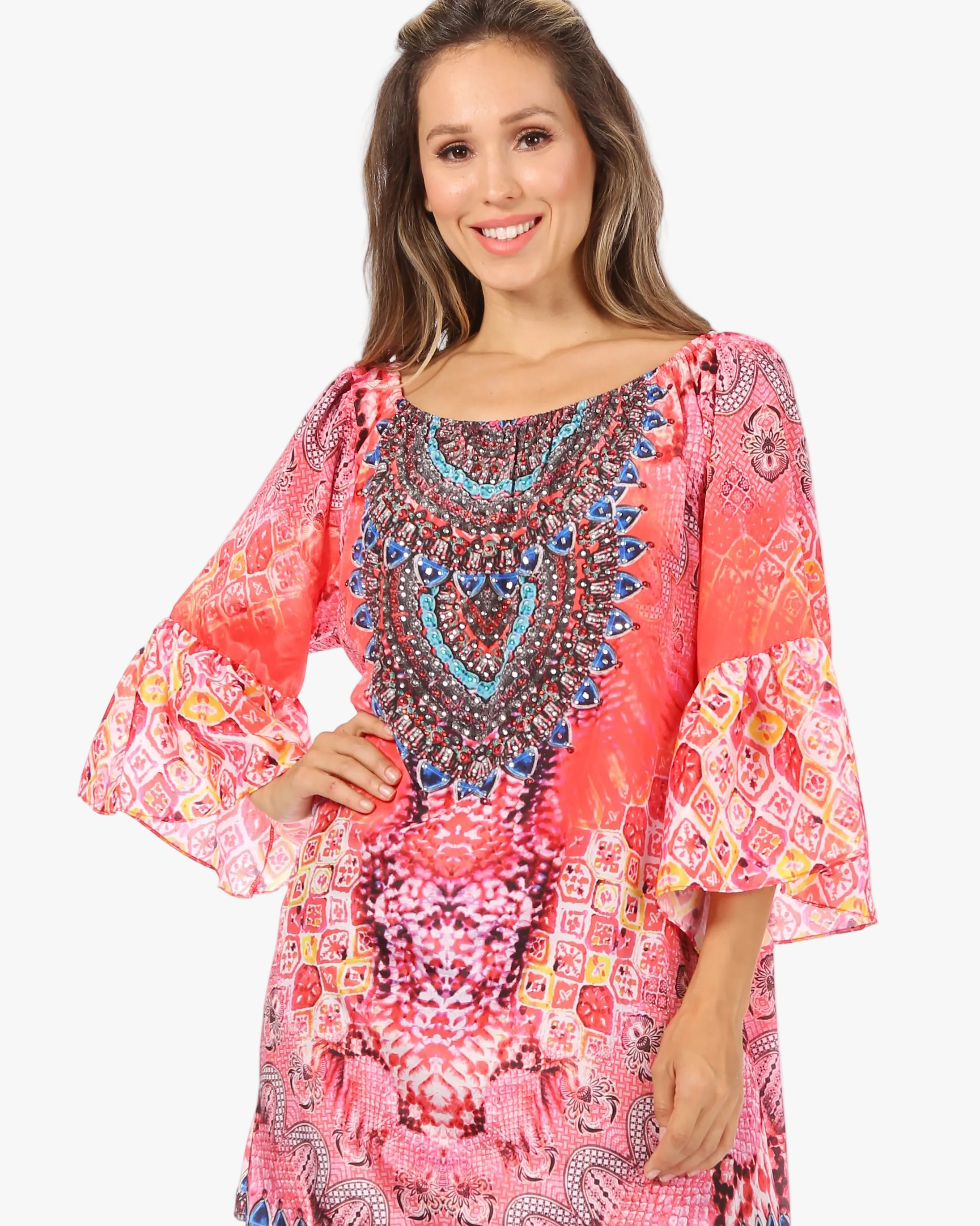 Sakkas Inna Colorful Shift Dress Tunic with Bell Ruffled Sleeves & Rhinestones