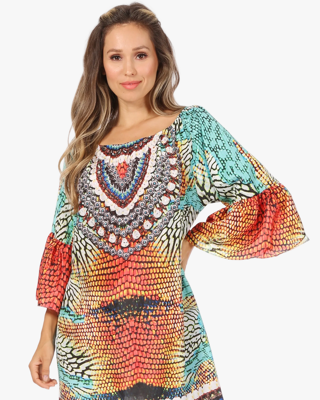 Sakkas Inna Colorful Shift Dress Tunic with Bell Ruffled Sleeves & Rhinestones