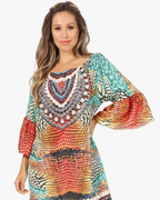 Sakkas Inna Colorful Shift Dress Tunic with Bell Ruffled Sleeves & Rhinestones